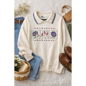 Vintage 90s Bold‎ Spirit Floral Embroidered Sweatshirt XL Cottagecore Collar